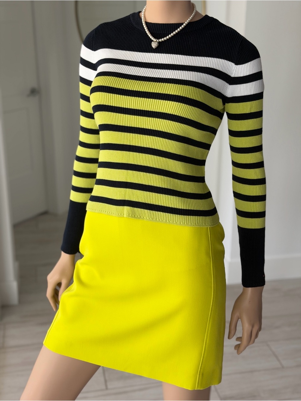 Tommy Hilfiger Black White and Neon Yellow Striped Crew Neck Sweater